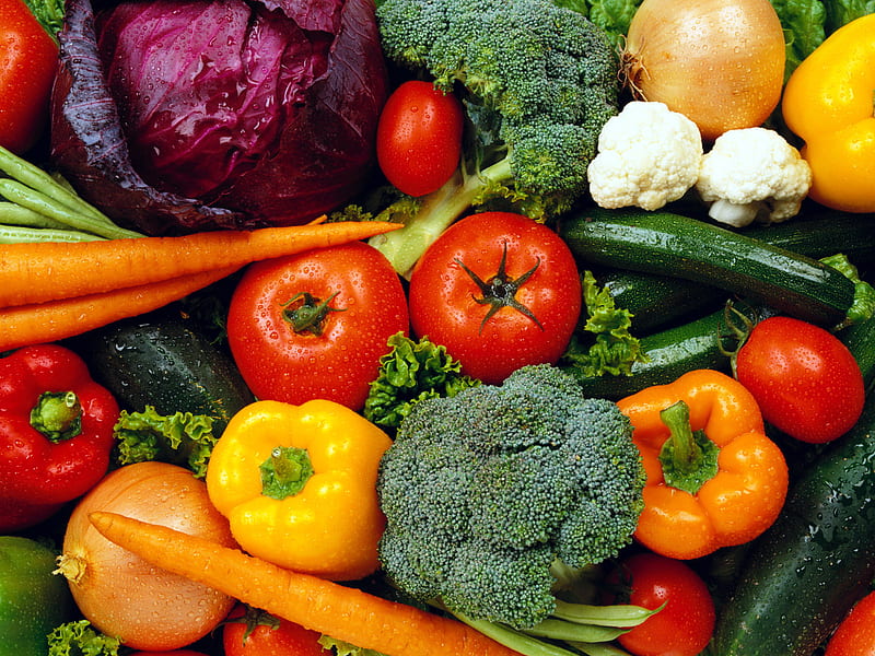 Vegetables, red, tomato, orange, cucumber, yelow, cabbage, green, purple, carrot, tomatos, HD wallpaper