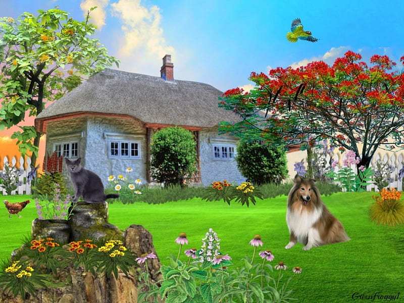 THE HOMESTEAD, TREES, ANIMALS, FLOWERS, HOUSE, HD wallpaper