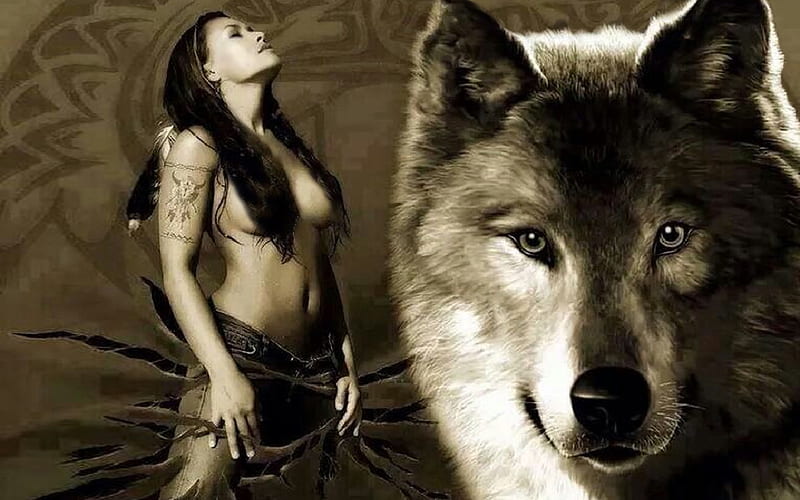 Native Woman and Wolf, wold, beauty, American Indian, native, HD wallpaper