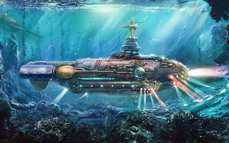 nautilus, underwater, submarine, art, HD wallpaper