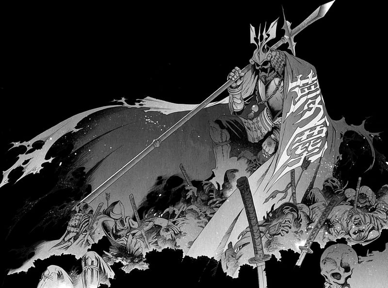 Samurai's Path, manga, black and white, armor, samurai, cap, katana, weapon, bones, skull, HD wallpaper