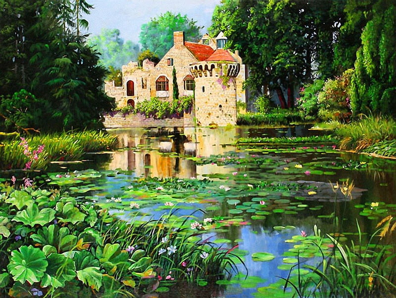 Lake house, pretty, house, cottage, bonito, countryside, leaves, nice, willow, painting, flowers, reflection, forest, quiet, calmness, lovely, greenery, lilies, trees, lake, pond, water, serenity, peaceful, summer, castle, lakeshore, HD wallpaper