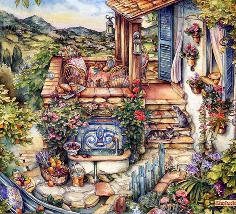 Silent Corner, painting, cart, flowers, garden, shed, cat, artwork, HD wallpaper