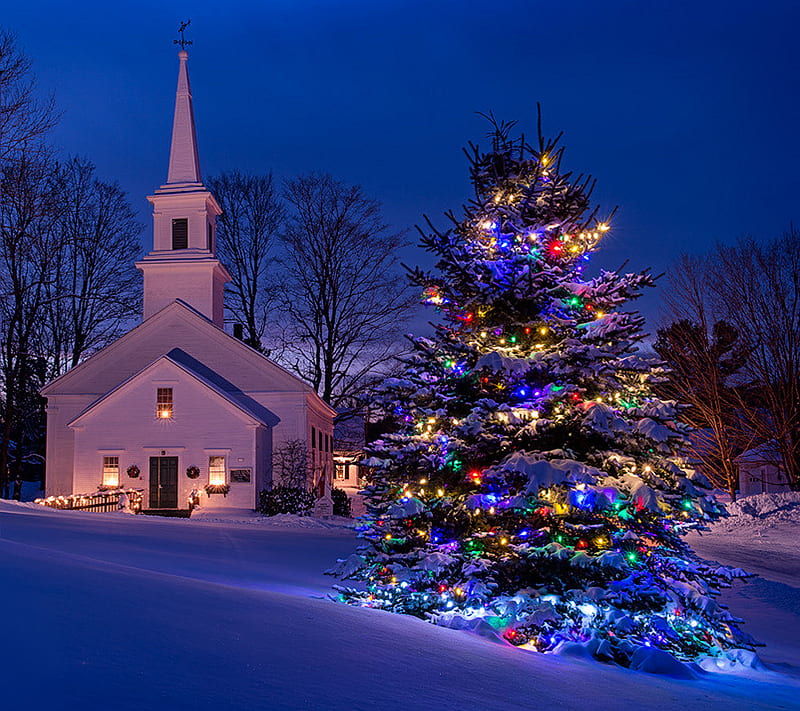 church christmas, christmas tree, church, colors, glow, holiday, lights, snow, winter, HD wallpaper
