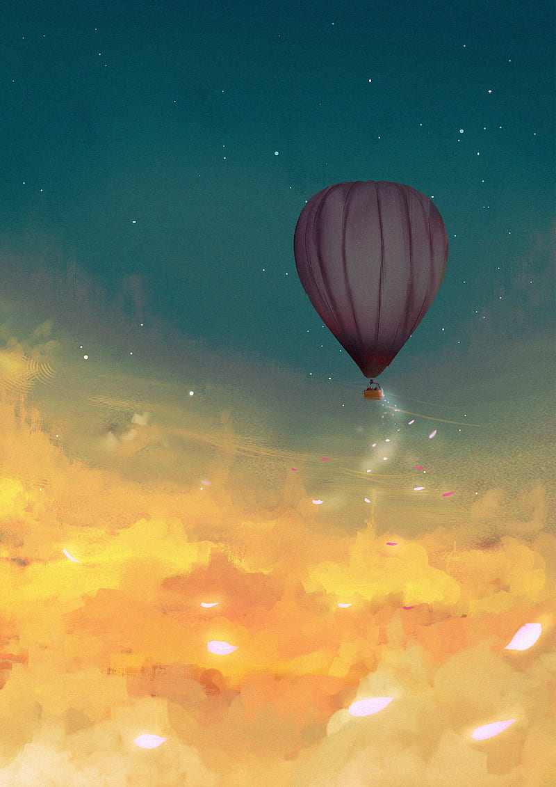 air balloon, leaves, glow, clouds, art, HD phone wallpaper