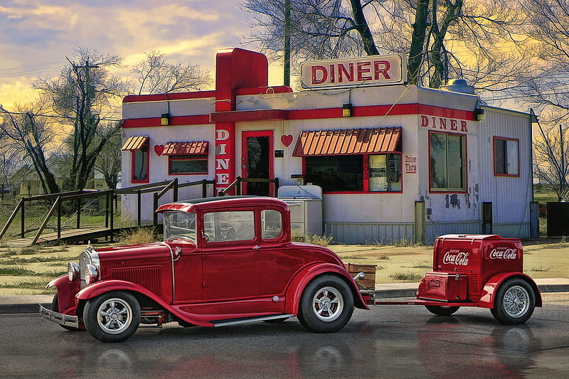 Red Diner, cola, red, car, painting, america, diner, vintage, HD wallpaper
