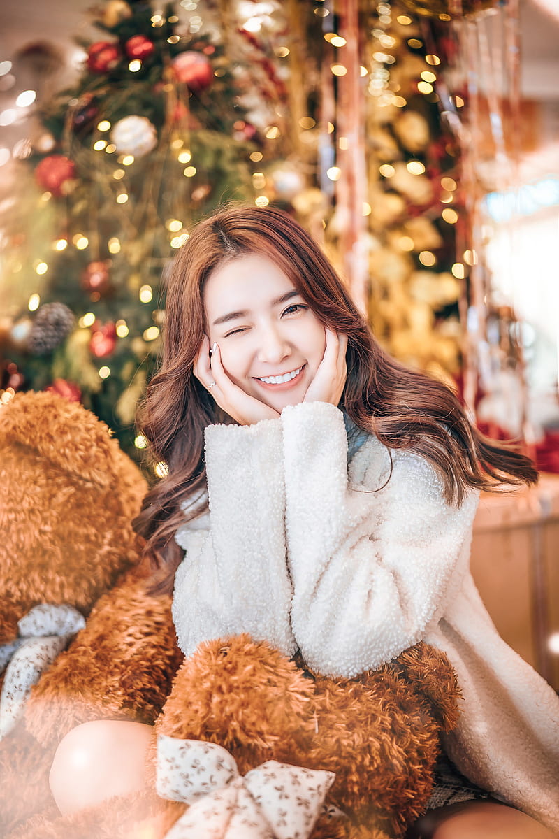 happy, smiling, Christmas, indoors, women, Asian, looking at viewer, women indoors, one eye closed, long hair, dyed hair, HD phone wallpaper