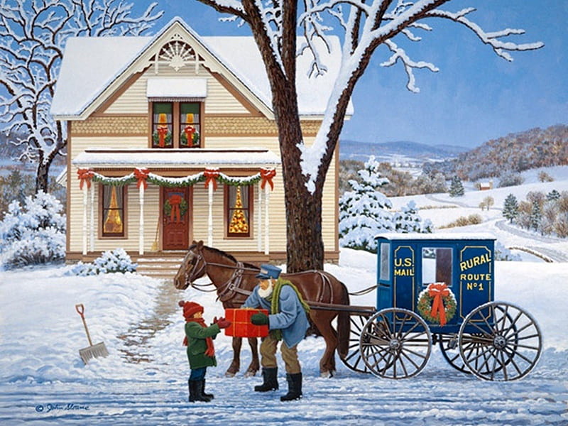 Special Delivery ~ John Sloane, art, holidays, paintings, christmas, snow, beauty, winter, HD wallpaper