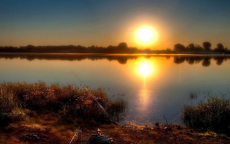 SUNSET FISHING, fishing rod, river, sunset, fishing, landscape, HD wallpaper