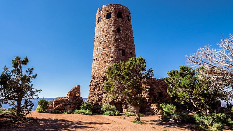 watchtower ruins at the grand canyon, brick, tower, ruins, trees, canyoun, HD wallpaper