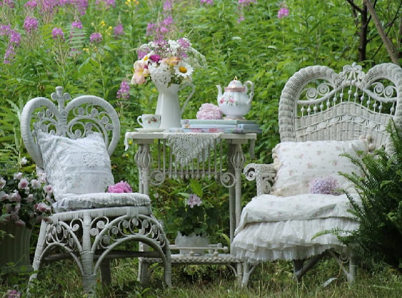 garden tea for two, tea time, table, garden, still life, HD wallpaper