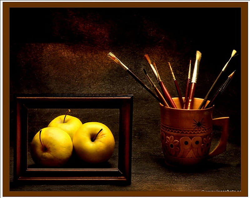 APPLES AND BRUSHES, pommes, jaune, cadre, marron, HD wallpaper