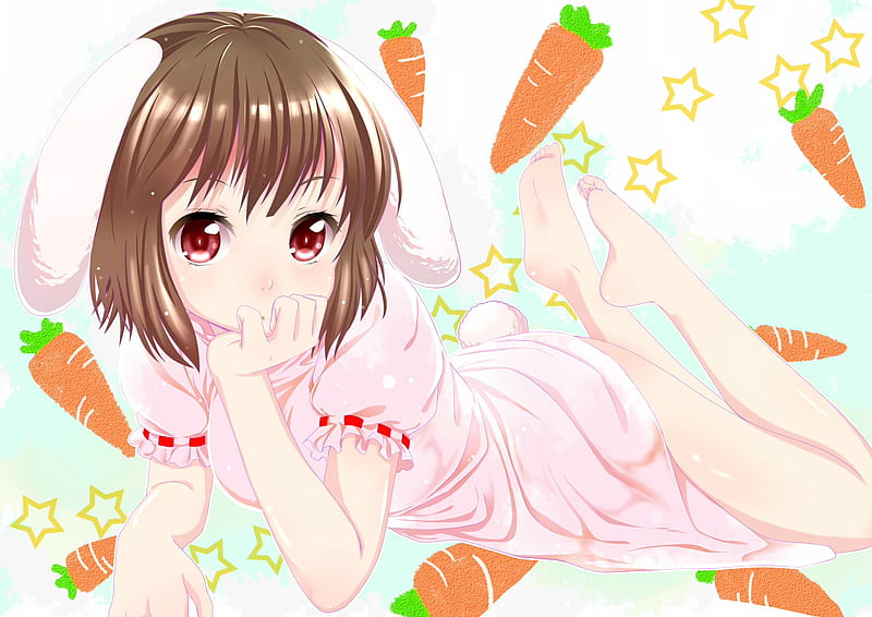 I Love Carrots, cute, girl, orange, anime, ears, carrots, pink, HD wallpaper