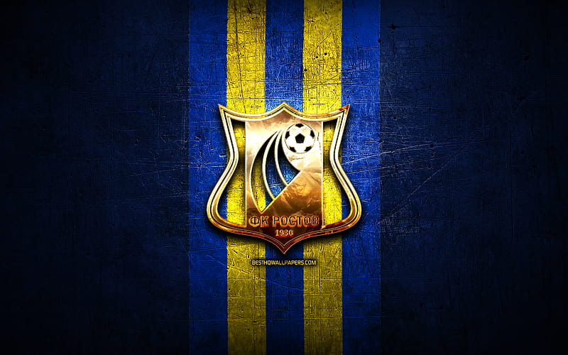 Rostov FC, golden logo, Russian Premier League, blue metal background, football, FC Rostov, russian football club, Rostov logo, soccer, Russia, HD wallpaper
