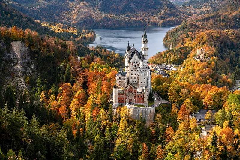 Neuschwanstein Castle in the Autumn, forest, autumn, germany, castle, lake, HD wallpaper
