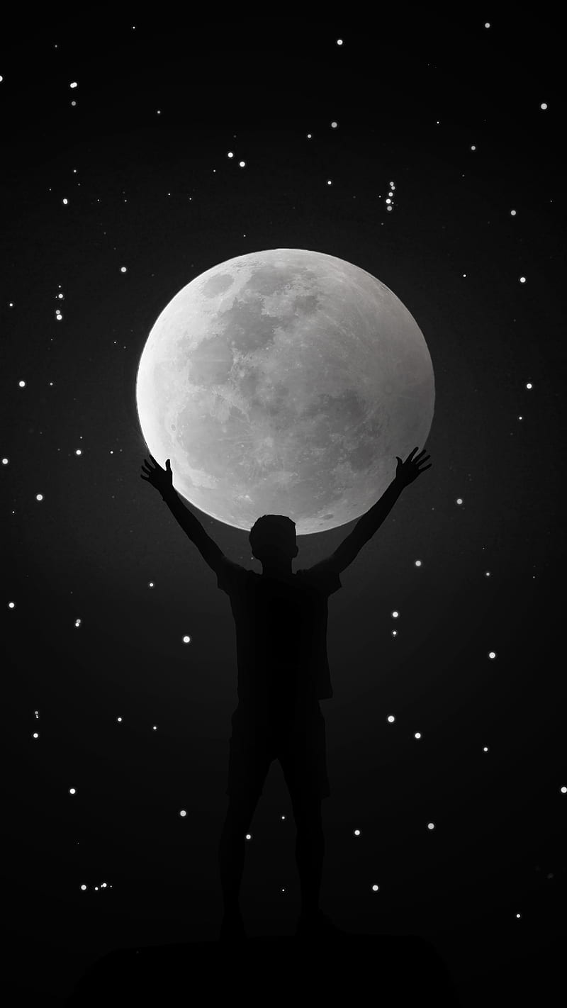 Catch the Moon, black&white, boy, fullmoon, joy, silhouette, stars, HD phone wallpaper
