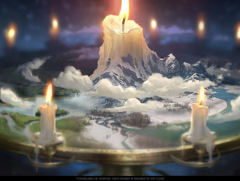 Candelabra, candle, fire, fantasy, cloud, luminos, clint cearley, light, HD wallpaper