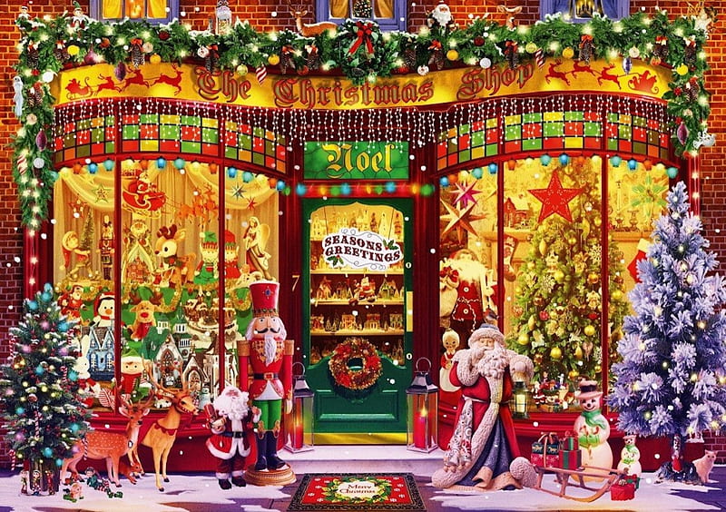 The Christmas Shop, wreath, stars, Christmas, nutcracker soldier, santa, decorations, reindeer, trees, snowmen, HD wallpaper