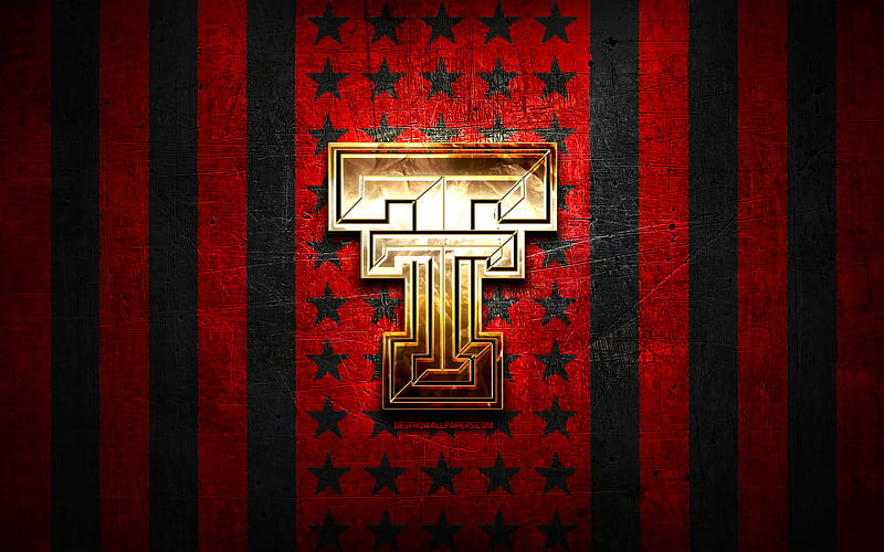 Texas Tech flag, NCAA, red black metal background, american football team, Texas Tech logo, USA, american football, golden logo, Texas Tech, HD wallpaper