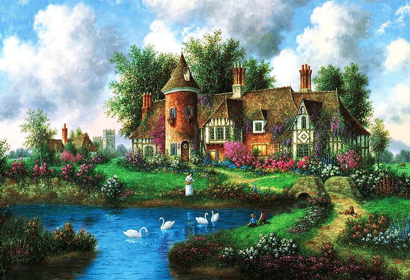 Country Manor, house, trees, woman, clouds, artwork, swans, pond, tower, painting, flowers, path, kids, HD wallpaper
