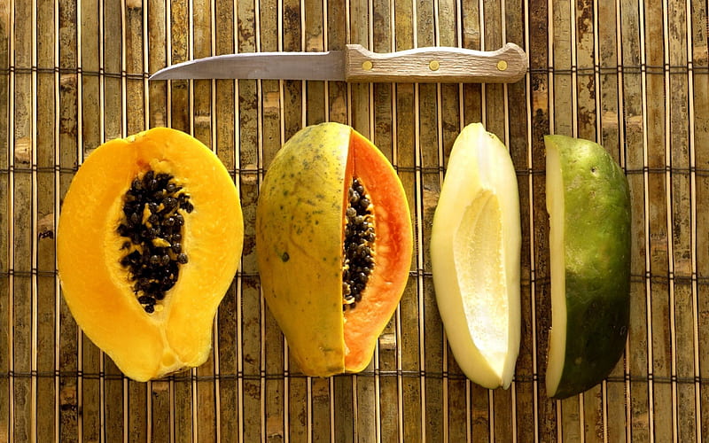 Papaya Fruit, fruit, papaya, placemat, knife, HD wallpaper