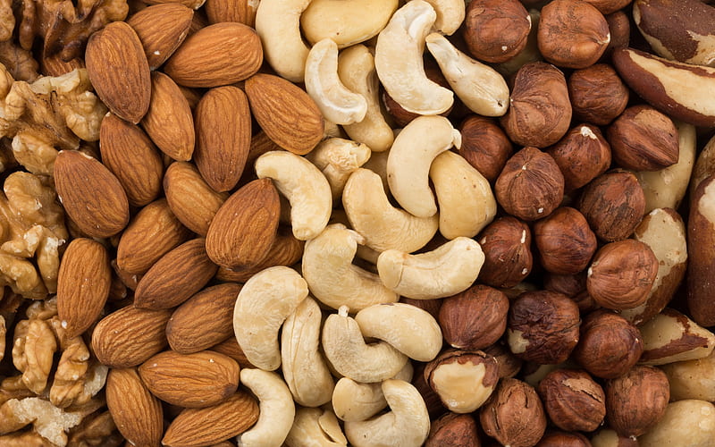 nuts texture, different nuts, peanuts, hazelnut, nuts background, food textures, HD wallpaper