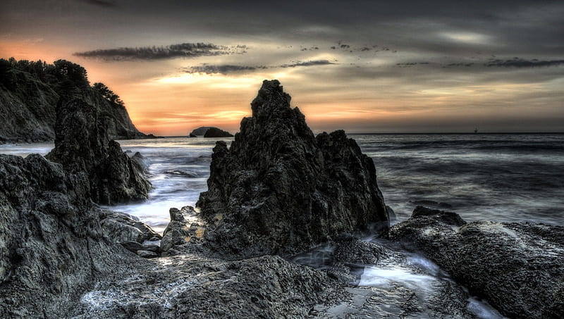 wonderful rocky seacoast r, rocks, r, sunset, clouds, coast, sea, HD wallpaper