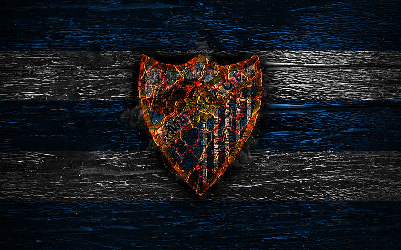 Malaga FC, fire logo, Segunda, blue and white lines, spanish football club, grunge, football, soccer, LaLiga2, Malaga logo, wooden texture, Malaga CF, Spain, HD wallpaper