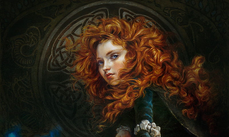 Merida, art, fantasy, girl, redhead, face, heather theurer, princess, luminos, HD wallpaper