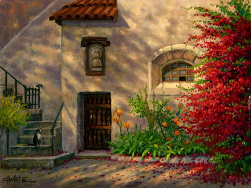 House in Autumn, leaves, window, bush, flowers, cat, wall, door, HD wallpaper