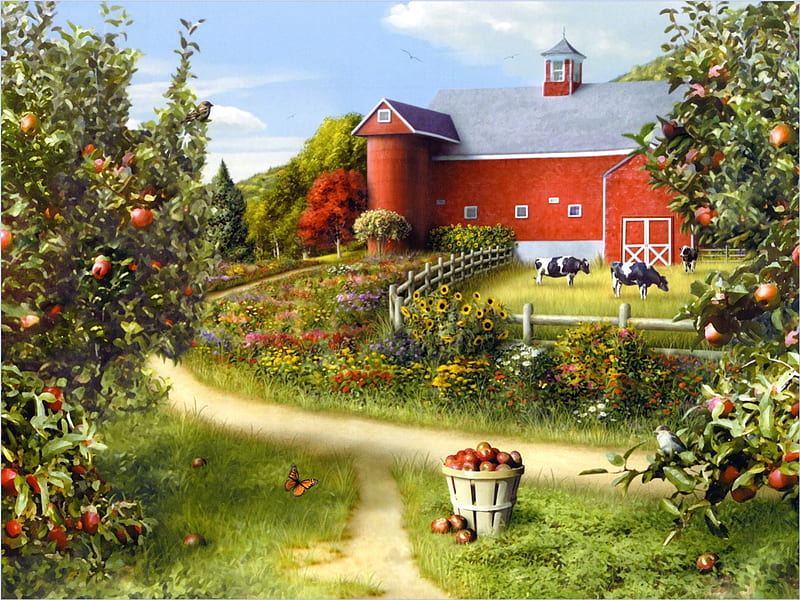 On The Farm, apples, birds, butterflies, trees, barn, farm, fantasy, flowers, cows, HD wallpaper
