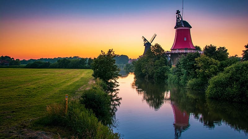 Mills near Greetsiel, Northern Germany, sunset, reflections, river, windmills, colors, sky, water, HD wallpaper