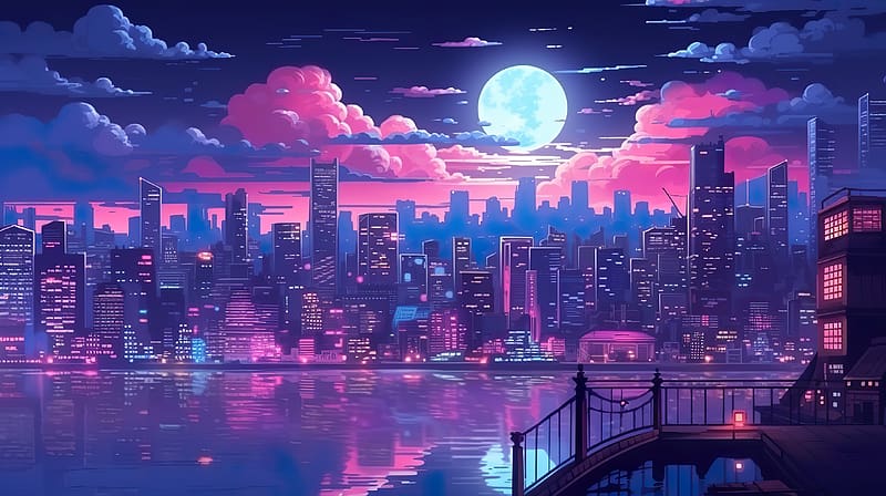 Futuristic city, futuristic, night, blue, city, lake, purple, pink