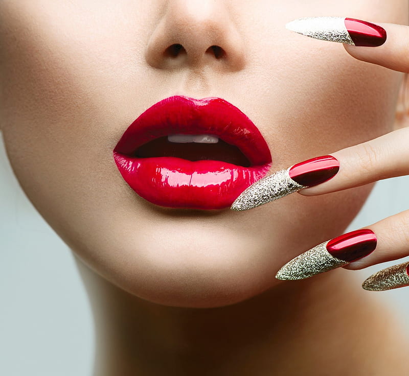 Red, manicure, hand, face, nails, lips, woman, lipstick, HD wallpaper