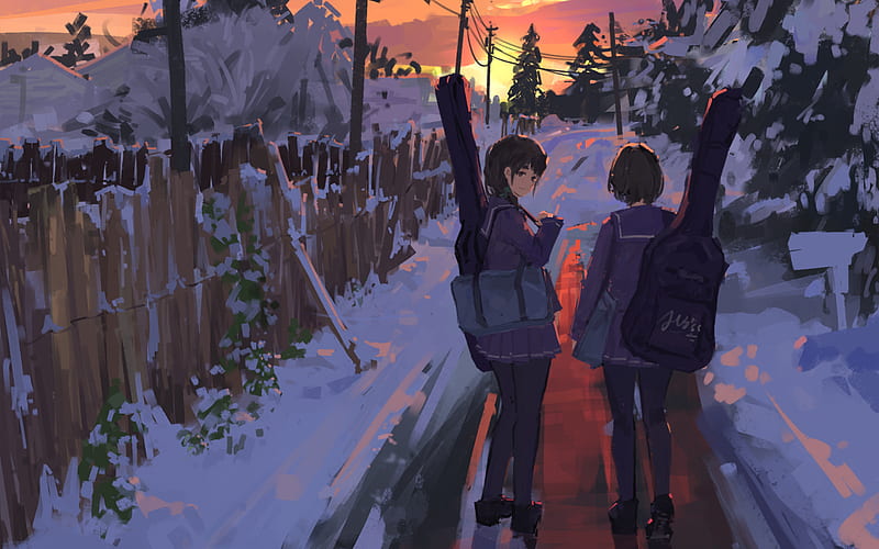 Anime, Friends, Girl, Snow, Sunset, Winter, HD wallpaper