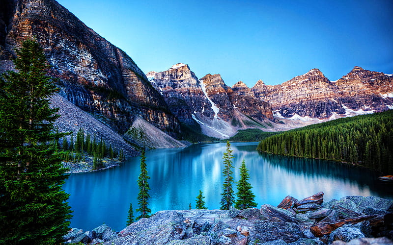 Moraine Lake, R, morning, blue lake, North America, mountains, forest, Banff National Park, Canada, Alberta, Banff, HD wallpaper