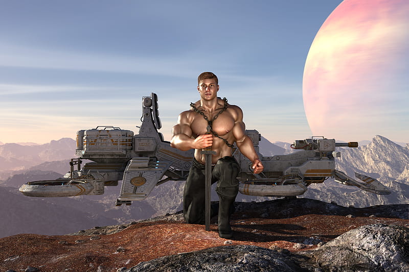 Futuristic Knight, sword, knight, science-fiction, muscle, hunk, spaceship, HD wallpaper