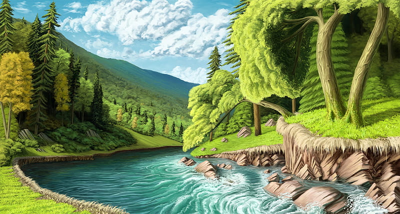 fantasy landscape, stream, river, trees, forest, scenery, Fantasy, HD wallpaper