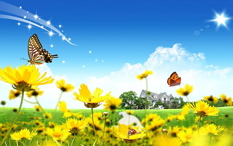Country House, house, sun, butterflies, white clouds, sparkles, ladybug, Yellow flowers, green grass, blue sky, HD wallpaper