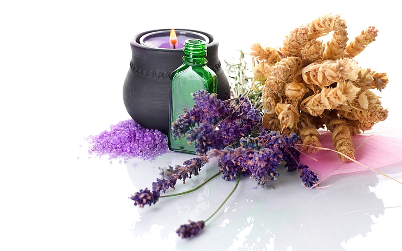 spa candle, scent, bonito, lavender, bath salts, still life, graphy, nice, cool, purple, relaxation, harmony, HD wallpaper
