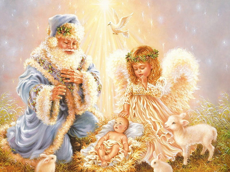Merry Christmas, Marianne! (plume-dargent), yellow, santa claus, animal, feather, painting, lamb, child, blue, art, rabbit, wings, christmas, angel, pigeon, holy, fly, bird, flower, dove, bunny, white, HD wallpaper