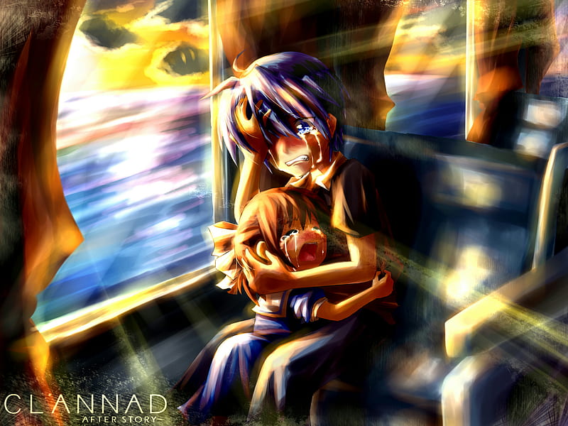 Remembrance...., after story, little, game, sunset, clannad, father, daughter, hug, train, girl, ushio, crying, tomoya, anime, tears, child, HD wallpaper