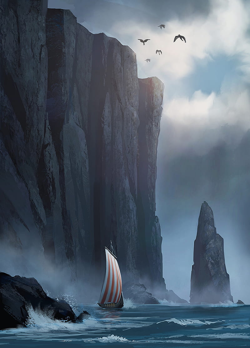 sailboat, rock, storm, cliff, art, HD phone wallpaper