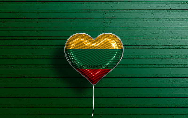 I Love Lithuania realistic balloons, green wooden background, Lithuanian flag heart, Europe, favorite countries, flag of Lithuania, balloon with flag, Lithuanian flag, Lithuania, Love Lithuania, HD wallpaper