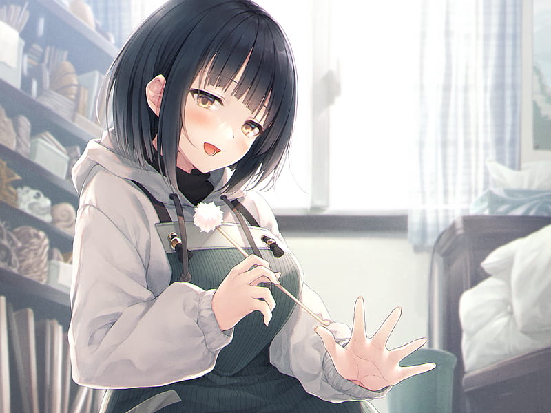 pretty anime girl, short black hair, ear cleaning, blushes, hoodie, apron, Anime, HD wallpaper