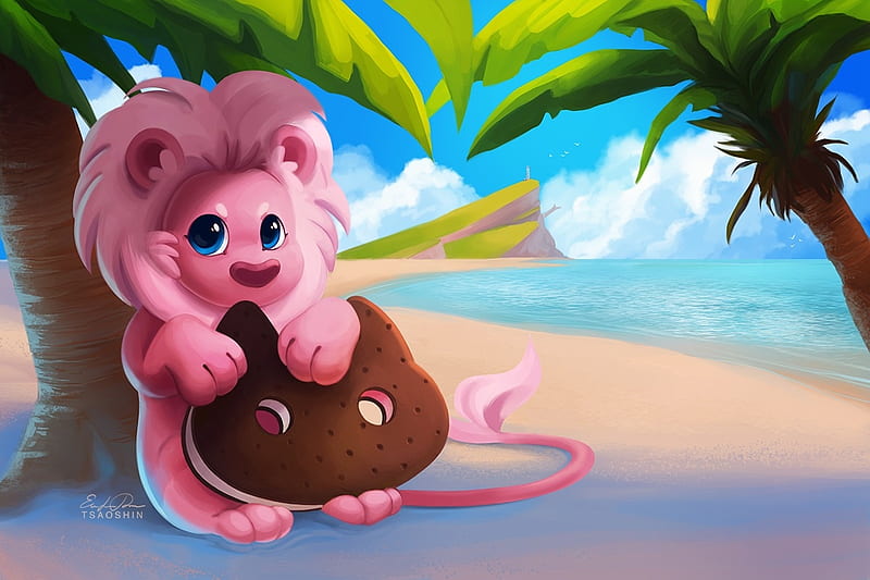 Lion on the beach, biscuit, cloud, tsaoshin, palm, pokemon, lion, cute, beach, tree, eric proctor, green, summer, pink, blue, HD wallpaper