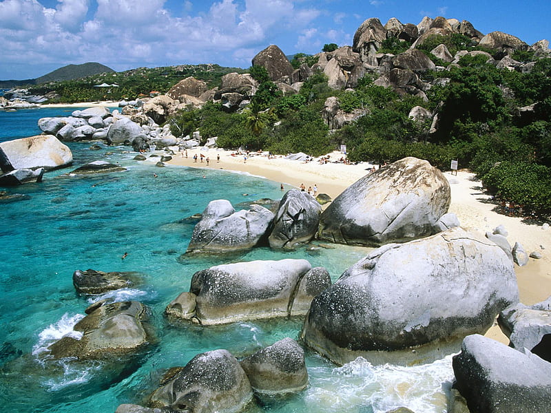 The baths Gorda island , beach, sand, grass, boulders, people, bluesky, HD wallpaper