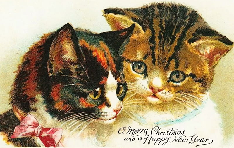 Merry Christmas and Happy New Year, painting, kitties, cats, artwork, HD wallpaper