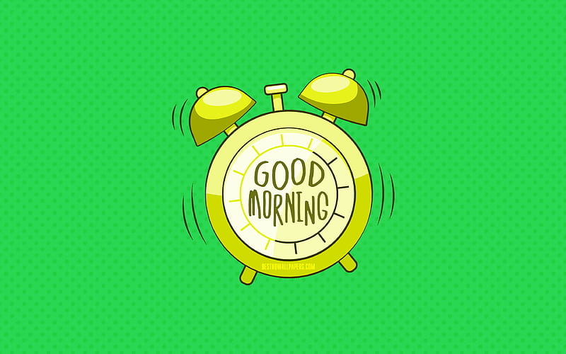 Good Morning, yellow alarm clock, green dotted backgrounds, good morning wish, creative, good morning concepts, minimalism, good morning with clock, HD wallpaper