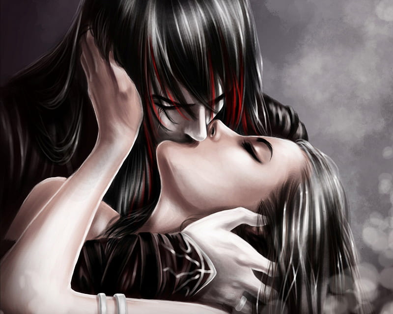 Dark Kiss, red, pale skin, woman, kiss, fantasy, vampire, long hair, embrace, couple, female, male, black, man, sexy, dark, lust, passion, white, HD wallpaper